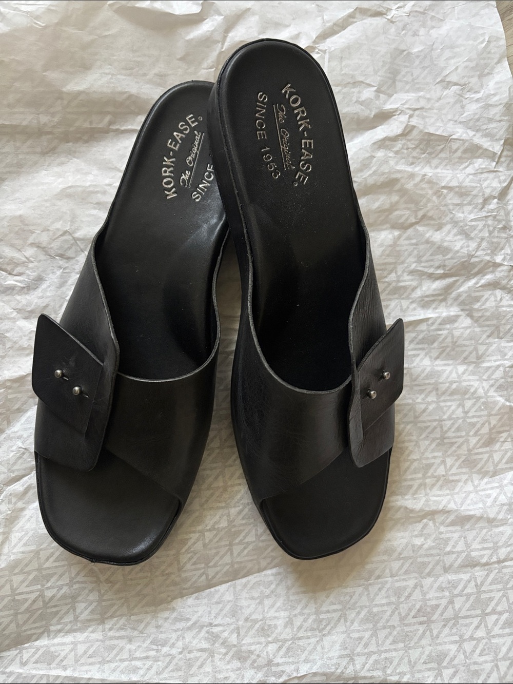 Kork-Ease Black Leather Buckle Slide Mules